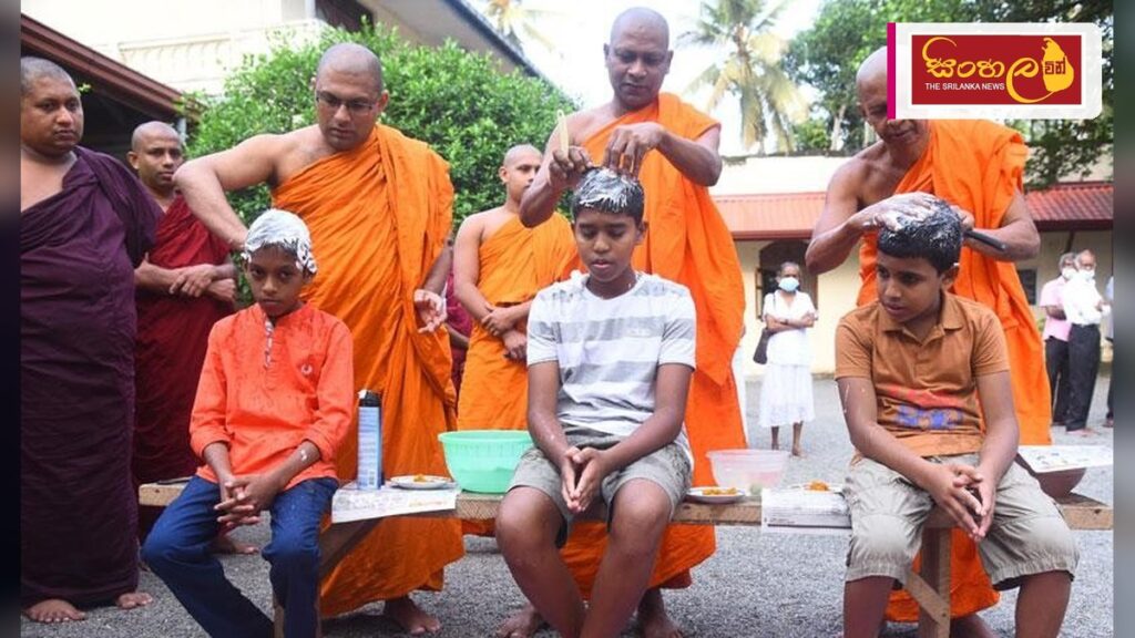 කුලදරුවන් 14 දෙනෙකු සසුන්ගත කිරීමේ පුණ්යෝත්සවය පැවැත්වේ Headline: කුලදරුවන් 14 දෙනෙකු සසුන්ගත කිරීමේ පුණ්යෝත්සවය පැවැත්වේ Intended image subject: Buddhist temple ordination ceremony Story summary: වඩත්ත කොට්ටුකච්චිය ශ්රී සරණංකර විහාරස