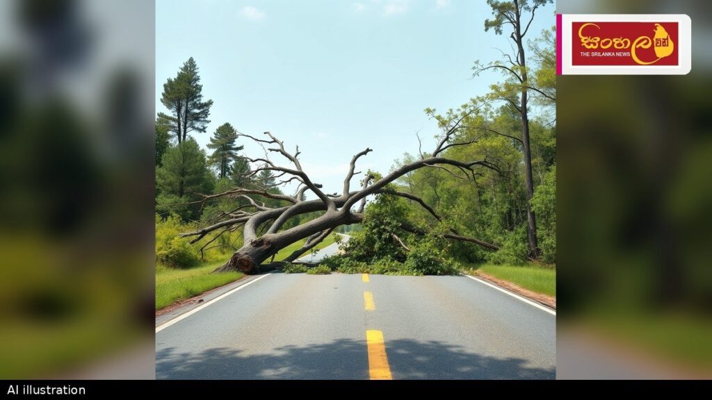Headline: පානදුර - රත්නපුර මාර්ගයේ ගමනාගමනයට බාධා Intended image subject: Fallen tree on a road Story summary: පානදුර - රත්නපුර ප්‍රධාන මාර්ගයේ නම්බපාන ප්‍රදේශයේදී ගසක් කඩා වැටීම හ